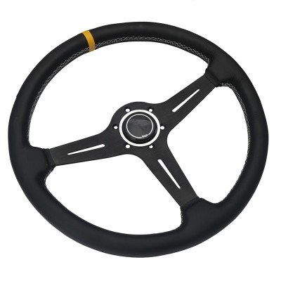 Universal 380mm Nob Classic Black Leather brushed metal Spoke Car Steering Wheel